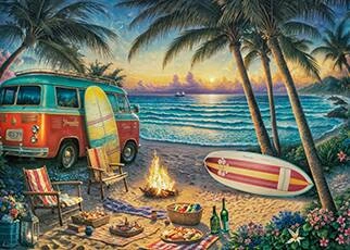 Van camping on a beautiful beach during sunset