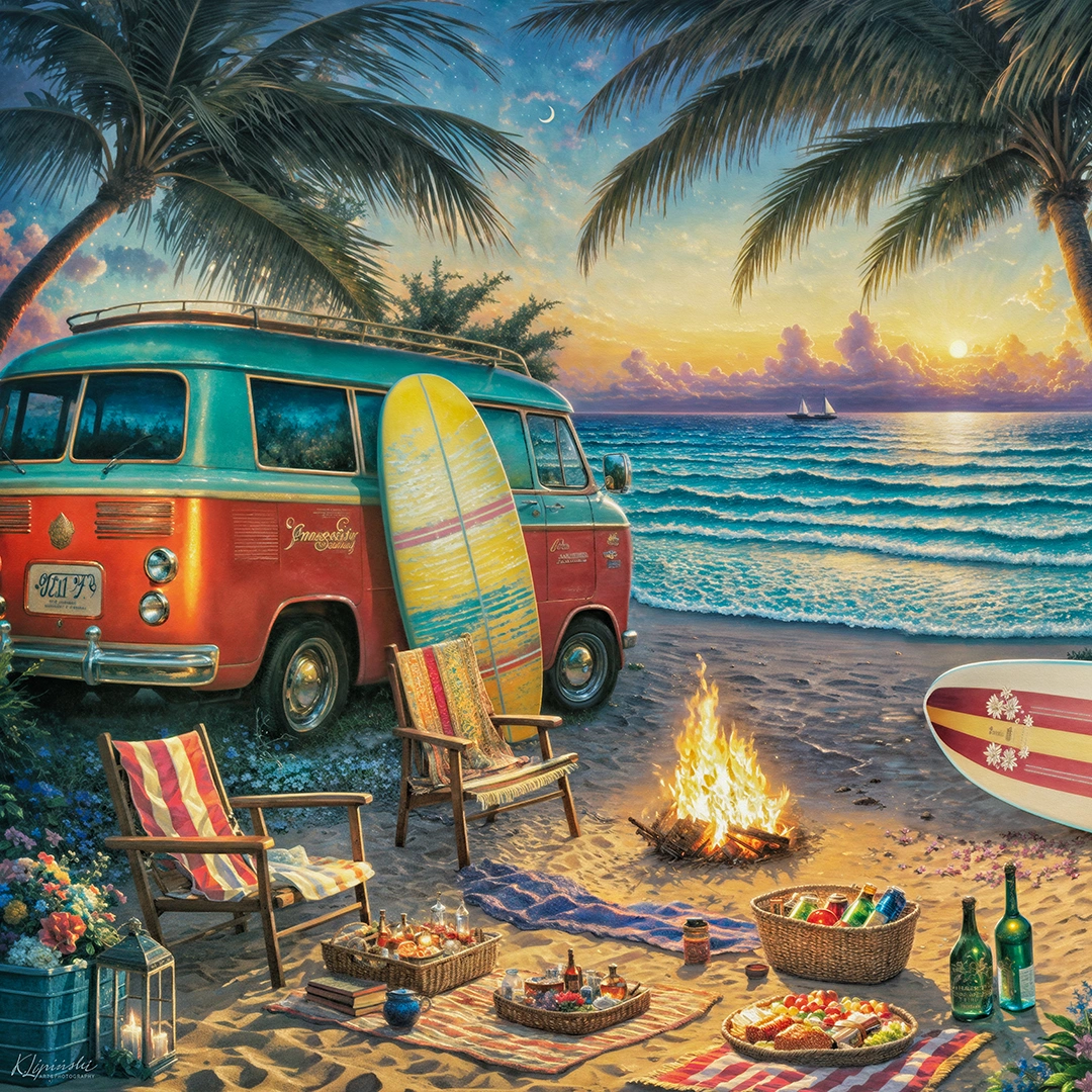 Van camping on a beautiful beach during sunset big picture