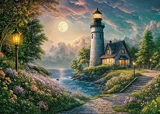 Moonlit lighthouse surrounded by lush forest