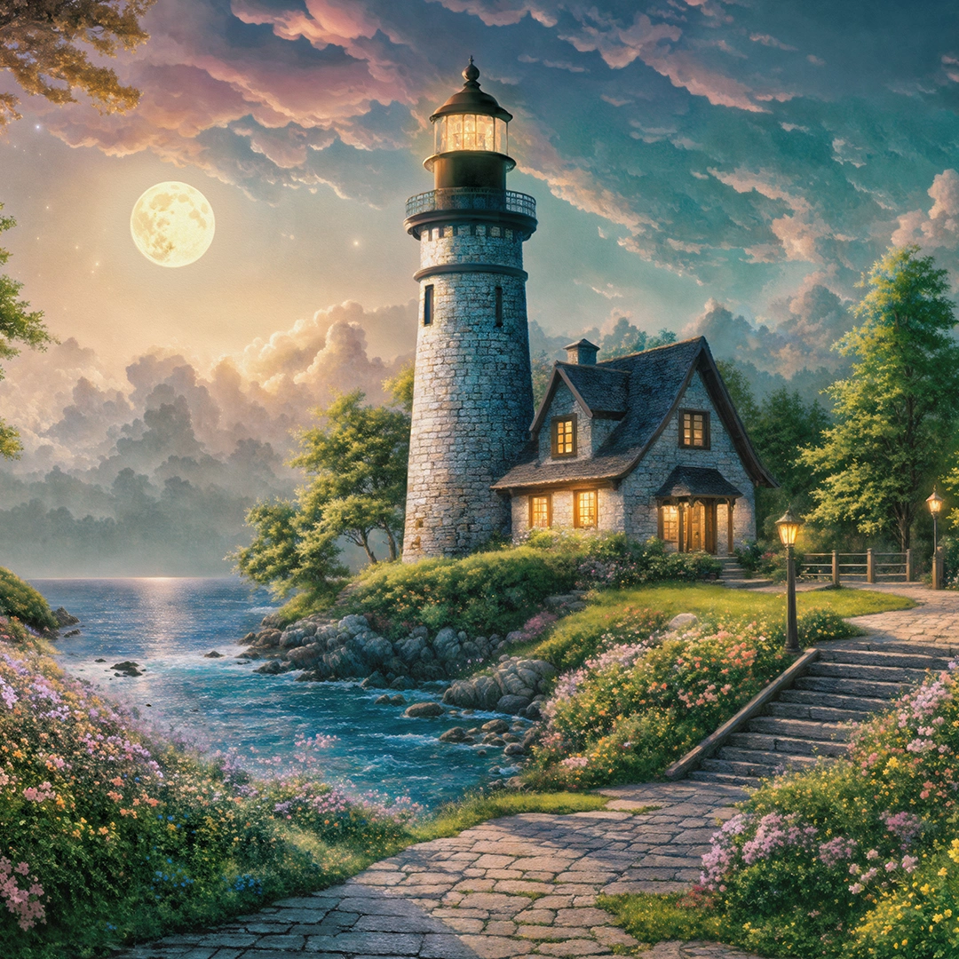 Moonlit lighthouse surrounded by lush forest big picture