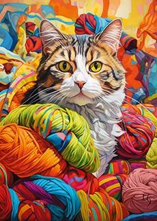 Painting of a cat surrounded by a balls of colorful wool