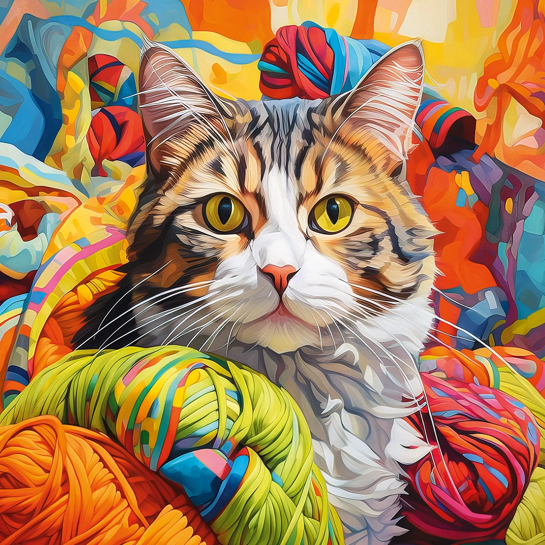 Painting of a cat surrounded by a balls of colorful wool big picture