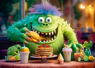 Colorful monster eating sweets and a hamburger