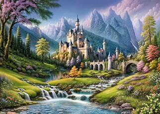 painting of a enchanting castle surrounded by mountains and forests