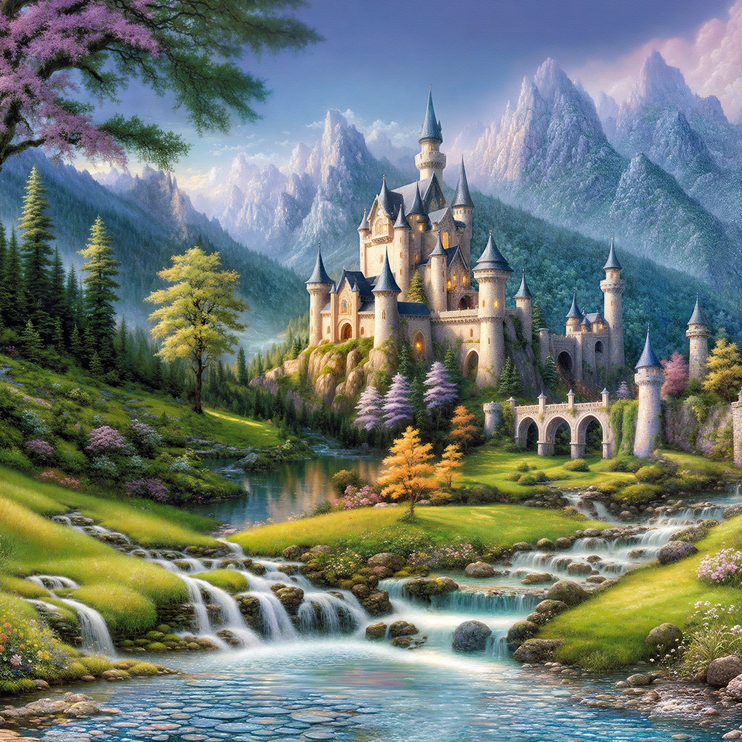 painting of a enchanting castle surrounded by mountains and forests big picture