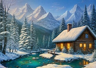 Winter painting of a cozy cottage by the turqoise pond in a mountain scenery