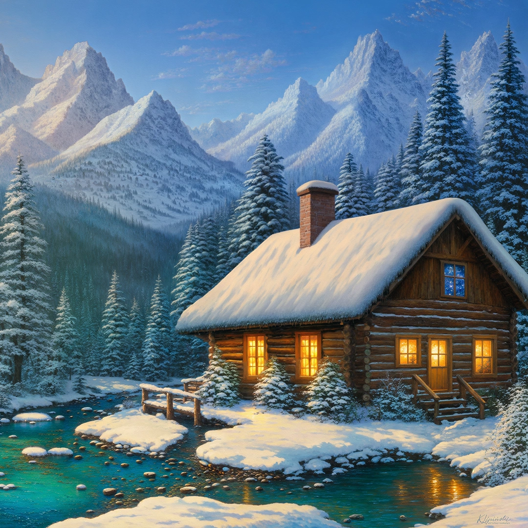 Winter painting of a cozy cottage by the turqoise pond in a mountain scenery big picture