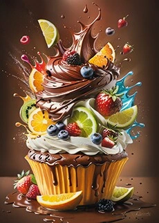 Digital art of exquisite fantasy cupcake with marvellous amounts of chocolate, cream and fruits