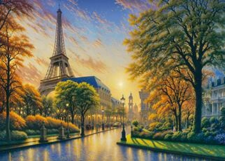 painting of a sunset in paris, viewed from a park