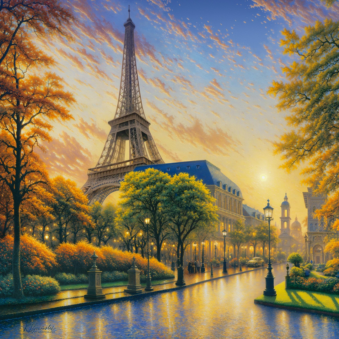 painting of a sunset in paris, viewed from a park big picture