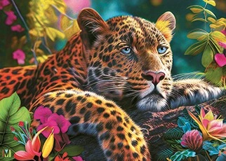 Digital art of a colorful leopard relaxing on a tree branch
