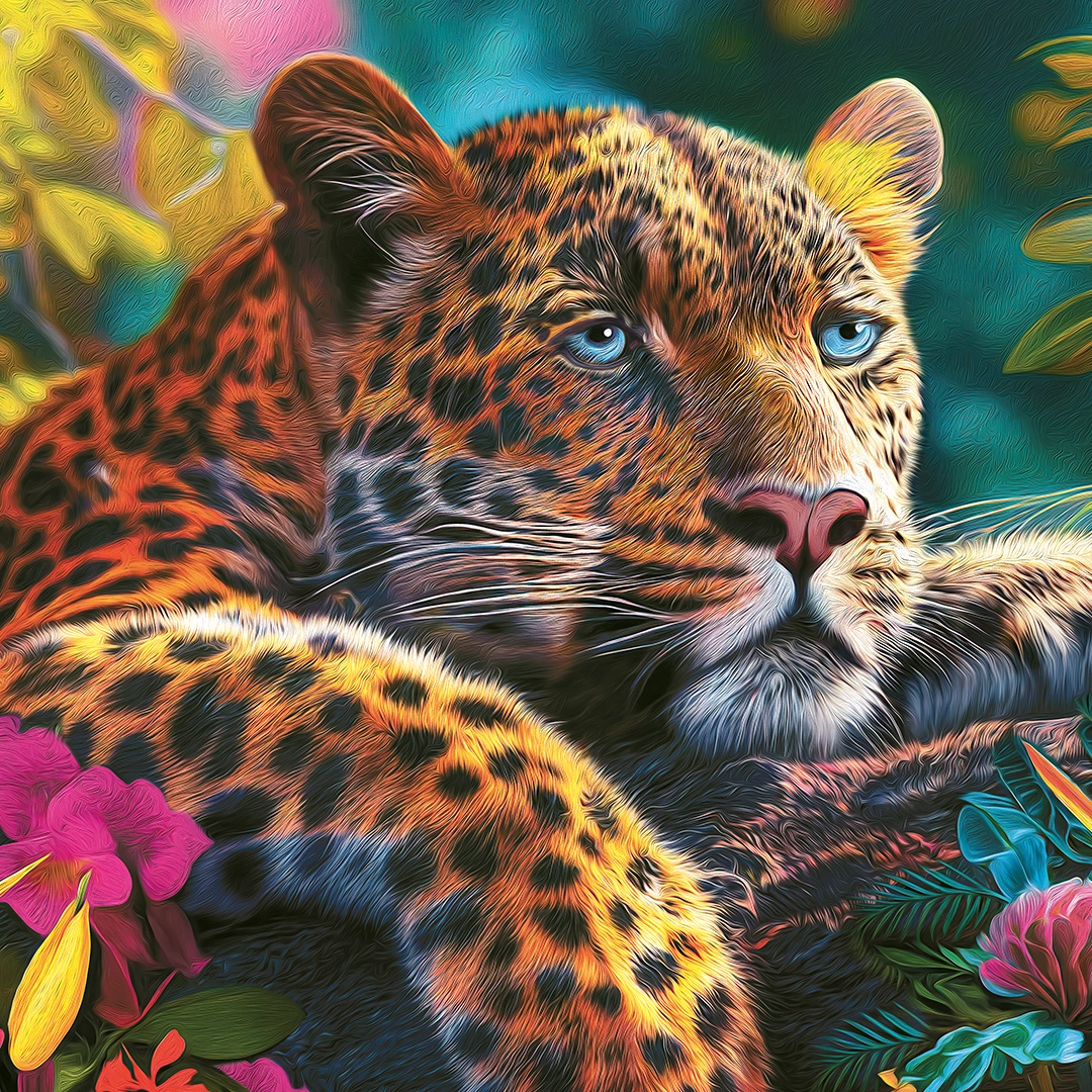 Digital art of a colorful leopard relaxing on a tree branch big picture