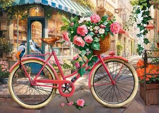 An image of a pink bicycle with flowers on it