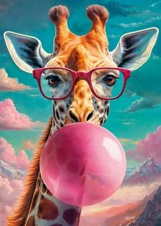 An image of agiraffe in a glasses blowing chew gum baloon