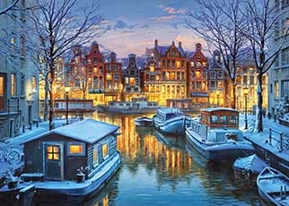 Painting of the riverside Amsterdam at Night