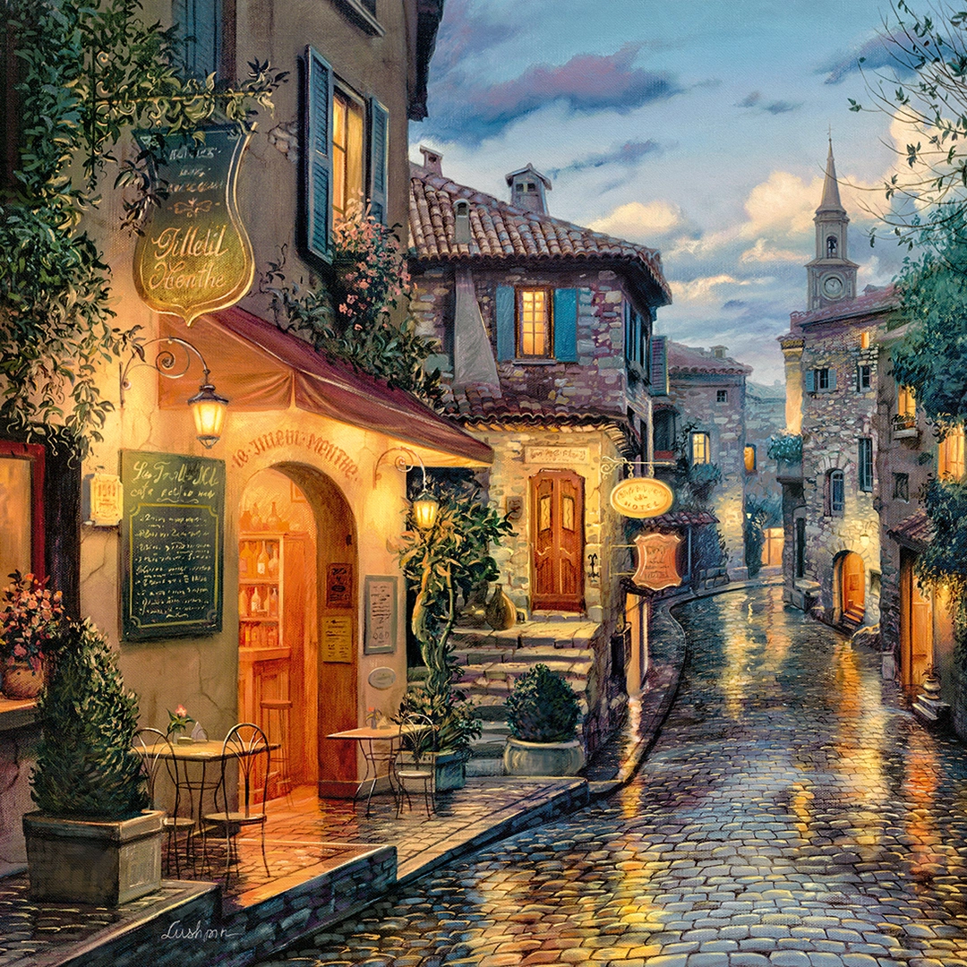 Painting depicting evening lights of a small, brickcity big picture