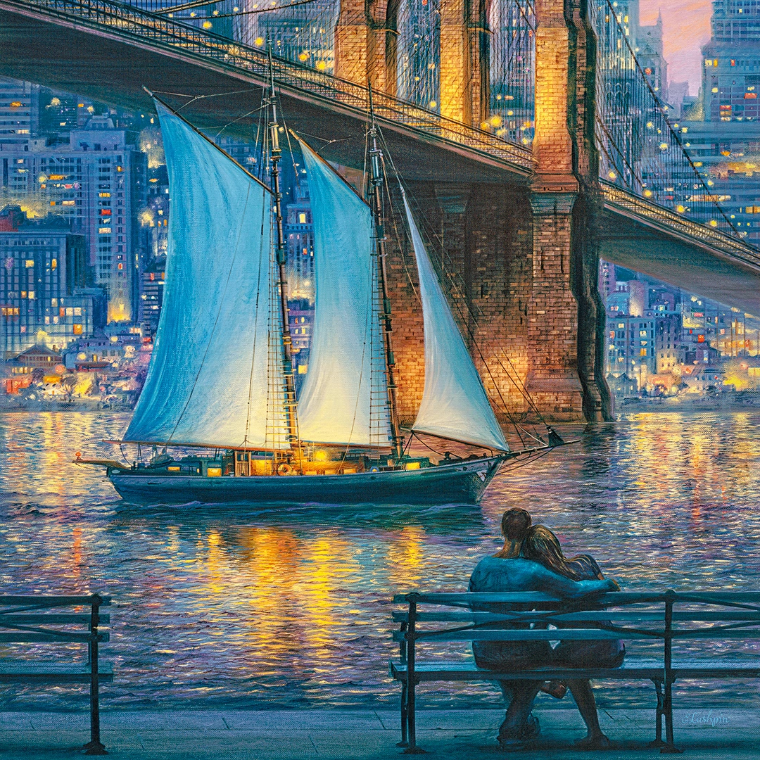 Painting of a couple watching New York from riverside big picture