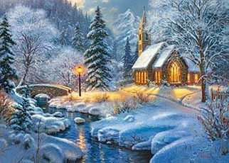 Painting of a chapel in a snowy forest