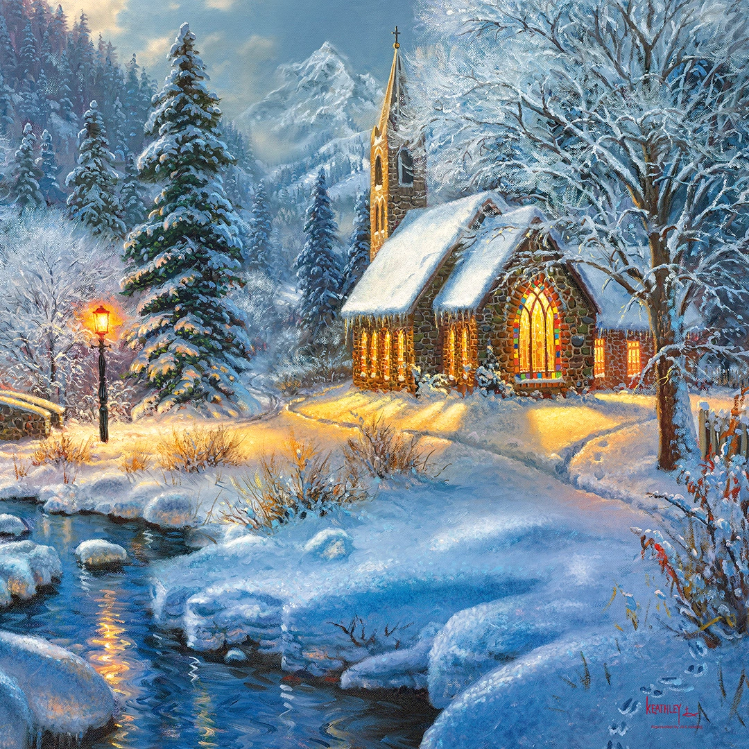 Painting of a chapel in a snowy forest big picture