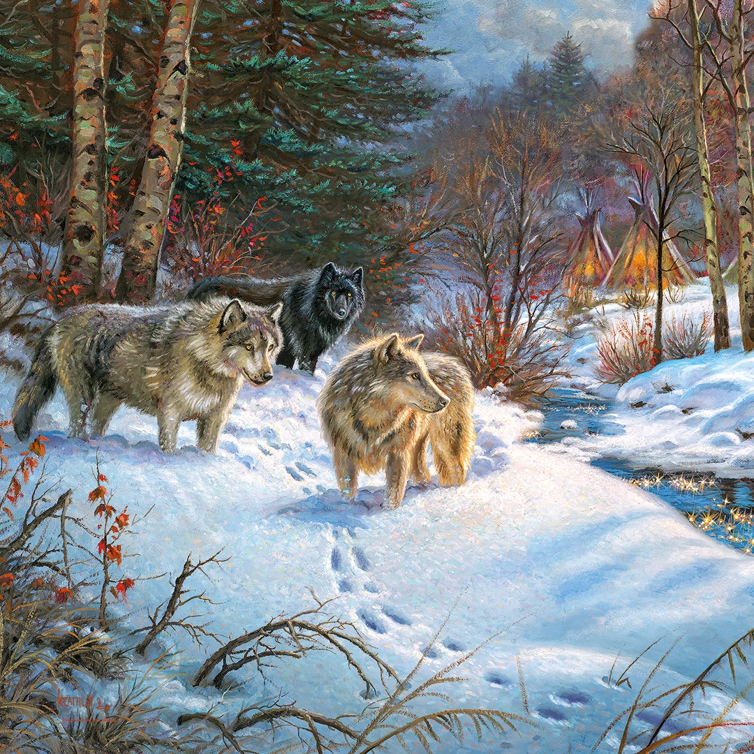 Painting depicting pack of wolves in the snowy forest next to river big picture