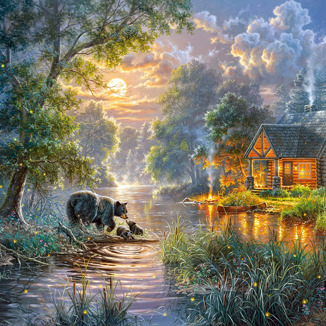 painting of a house near forest, on the shore of a lake big picture