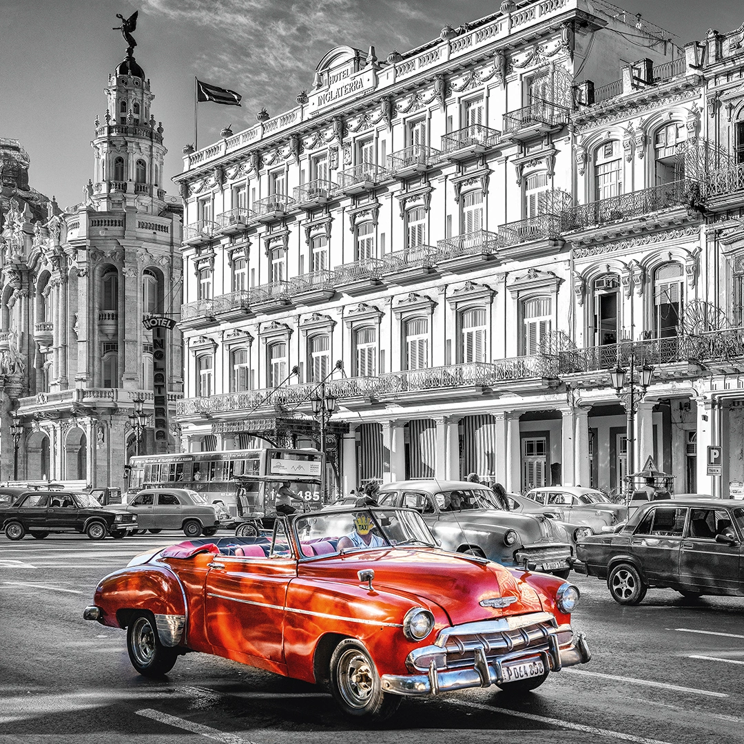 black and white painting of havanas buildins with classy red car in front of them big picture