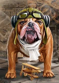 Painting of a dog, ready to pilot a plane