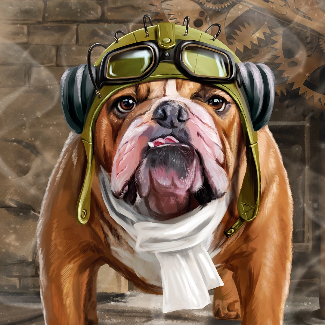 Painting of a dog, ready to pilot a plane big picture