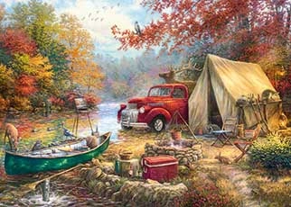 Painting of riverside camping with kayac and van