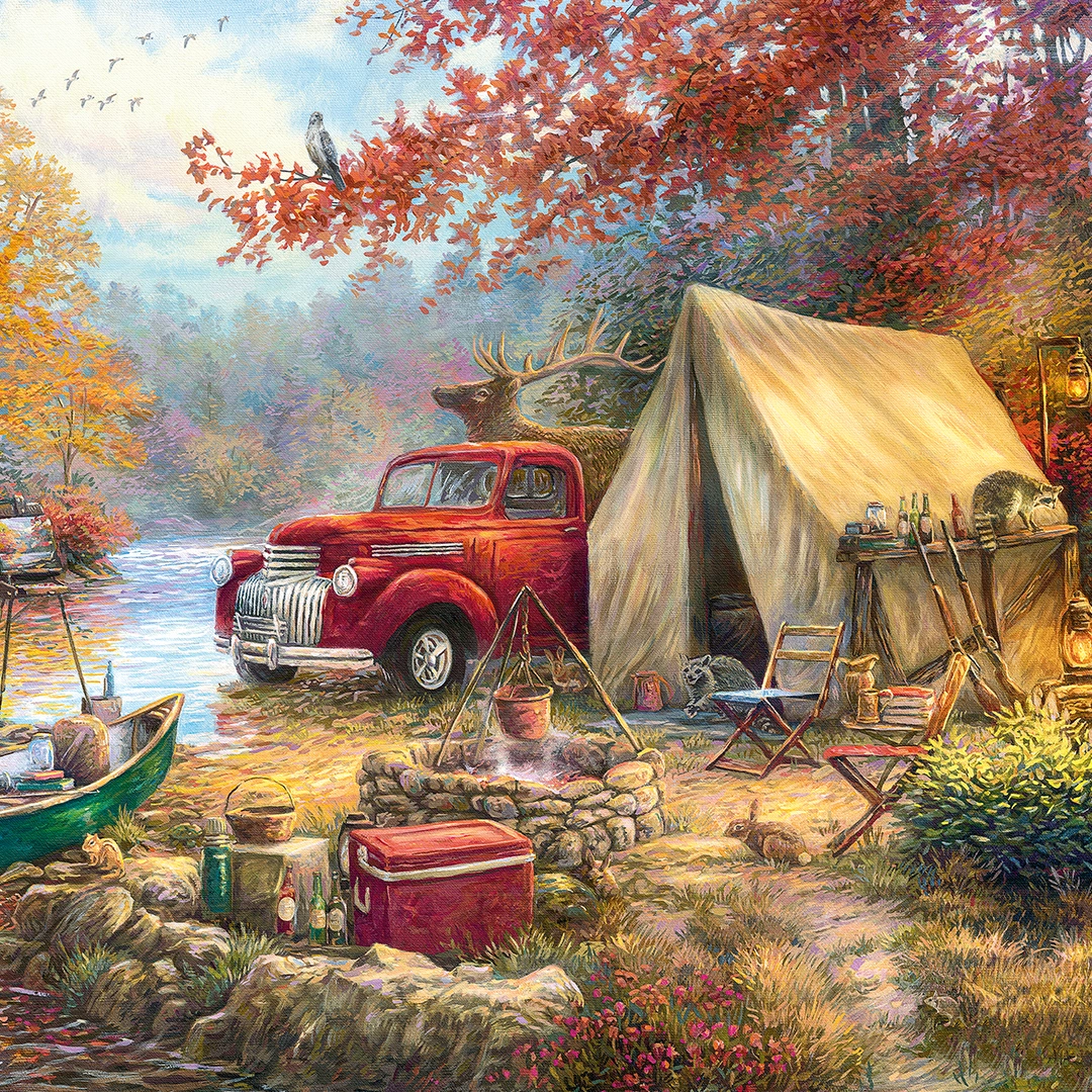 Painting of riverside camping with kayac and van big picture
