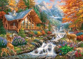 Wooden lodge near stream in a alpine forest