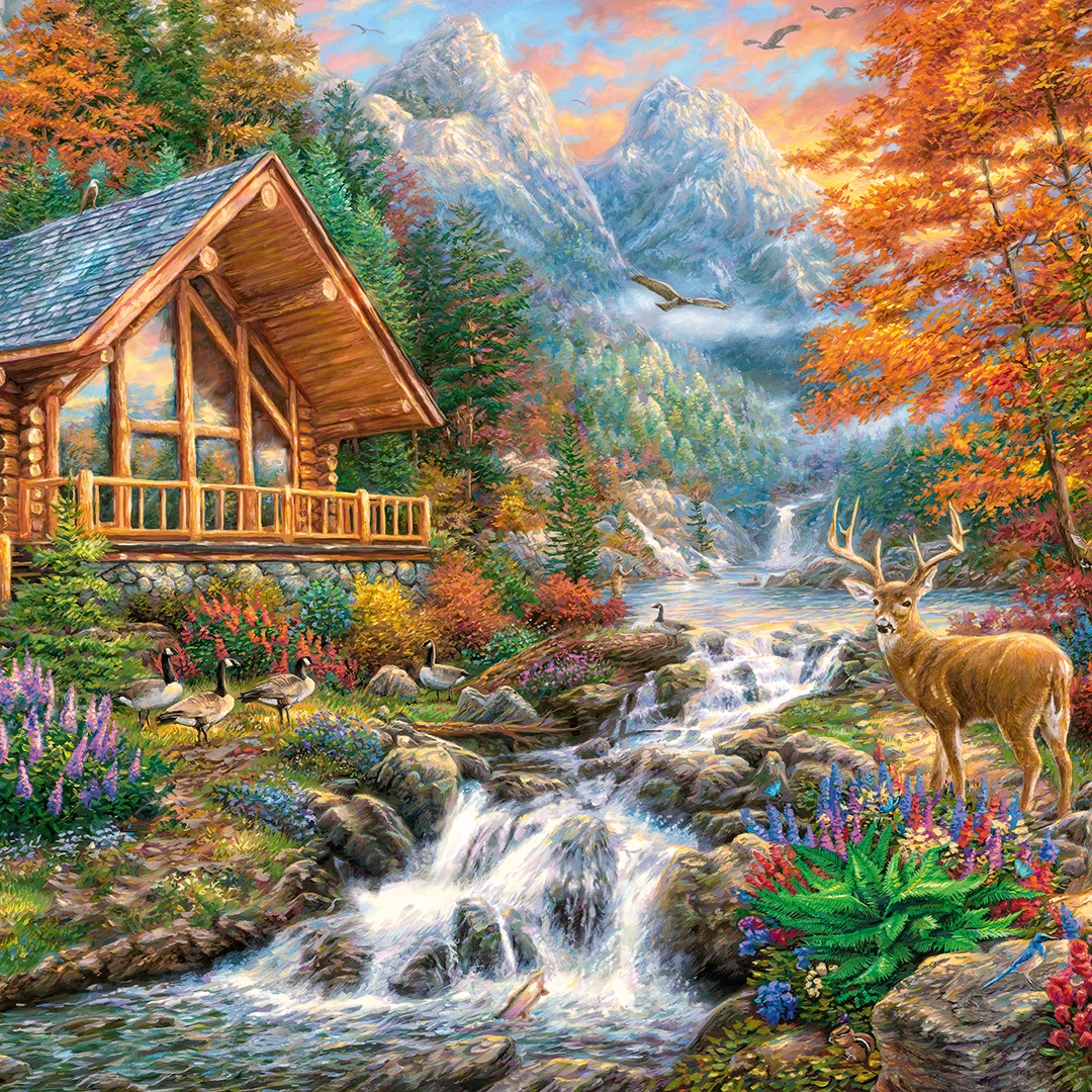 Wooden lodge near stream in a alpine forest big picture