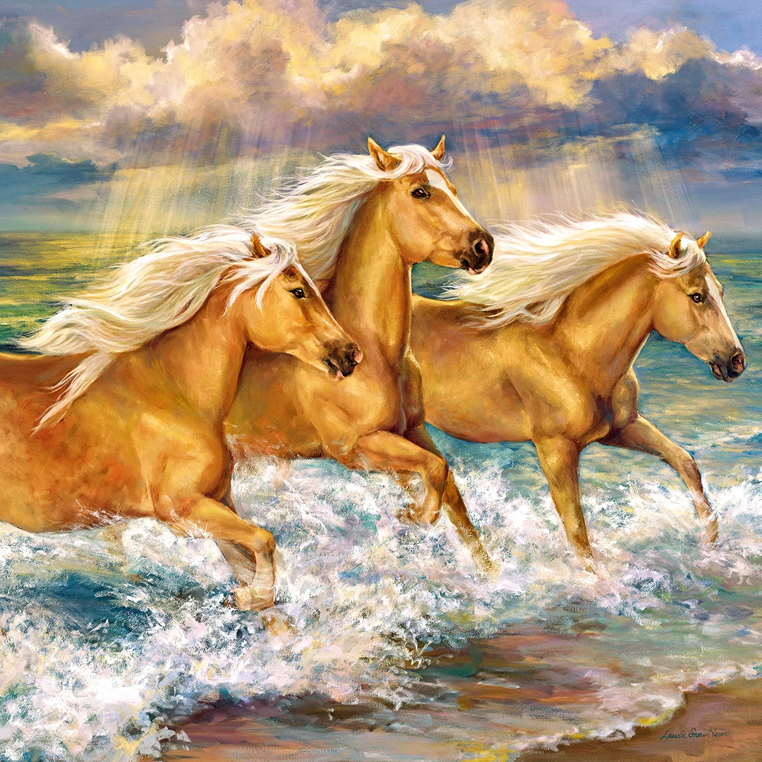 Painting of a three horses running along sea shore big picture
