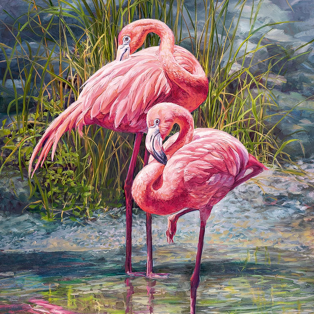 Painting of a two, very pink flamingos standing on a one leg in water big picture