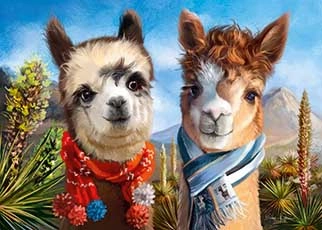 Painting of two alpacas in scarfs