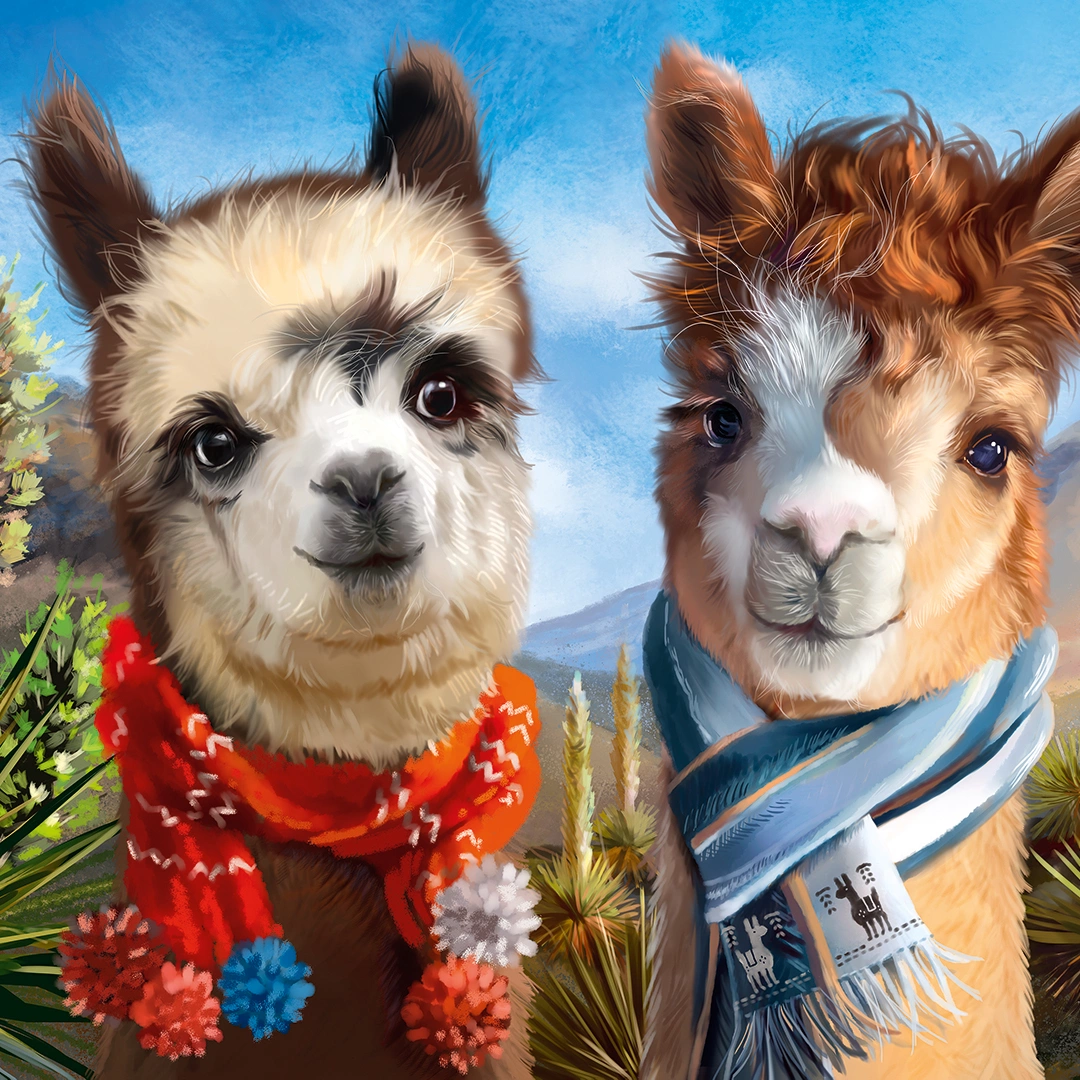 Painting of two alpacas in scarfs big picture