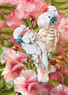 Painting of two white parrots surrounded by pink flowers