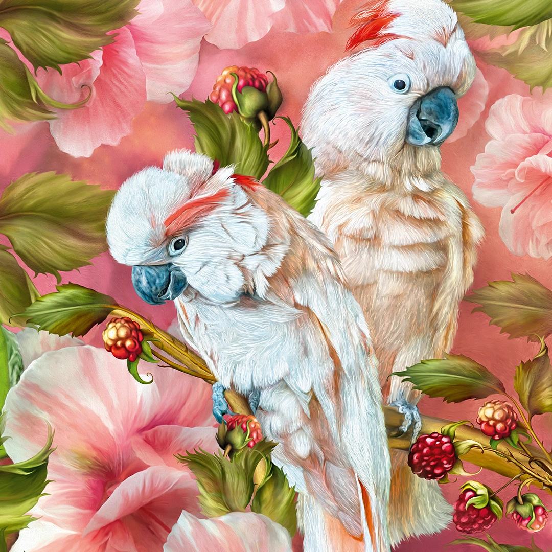 Painting of two white parrots surrounded by pink flowers big picture