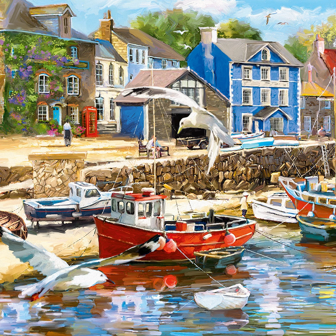Painting of colorful houses and boats on a shore big picture