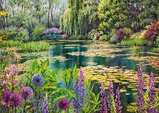 Painting of extremly green garden with an overgrown pond