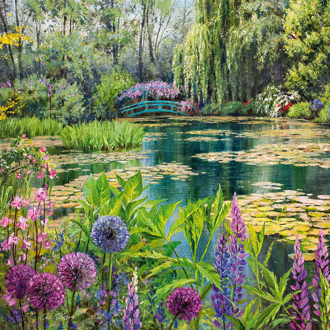Painting of extremly green garden with an overgrown pond big picture