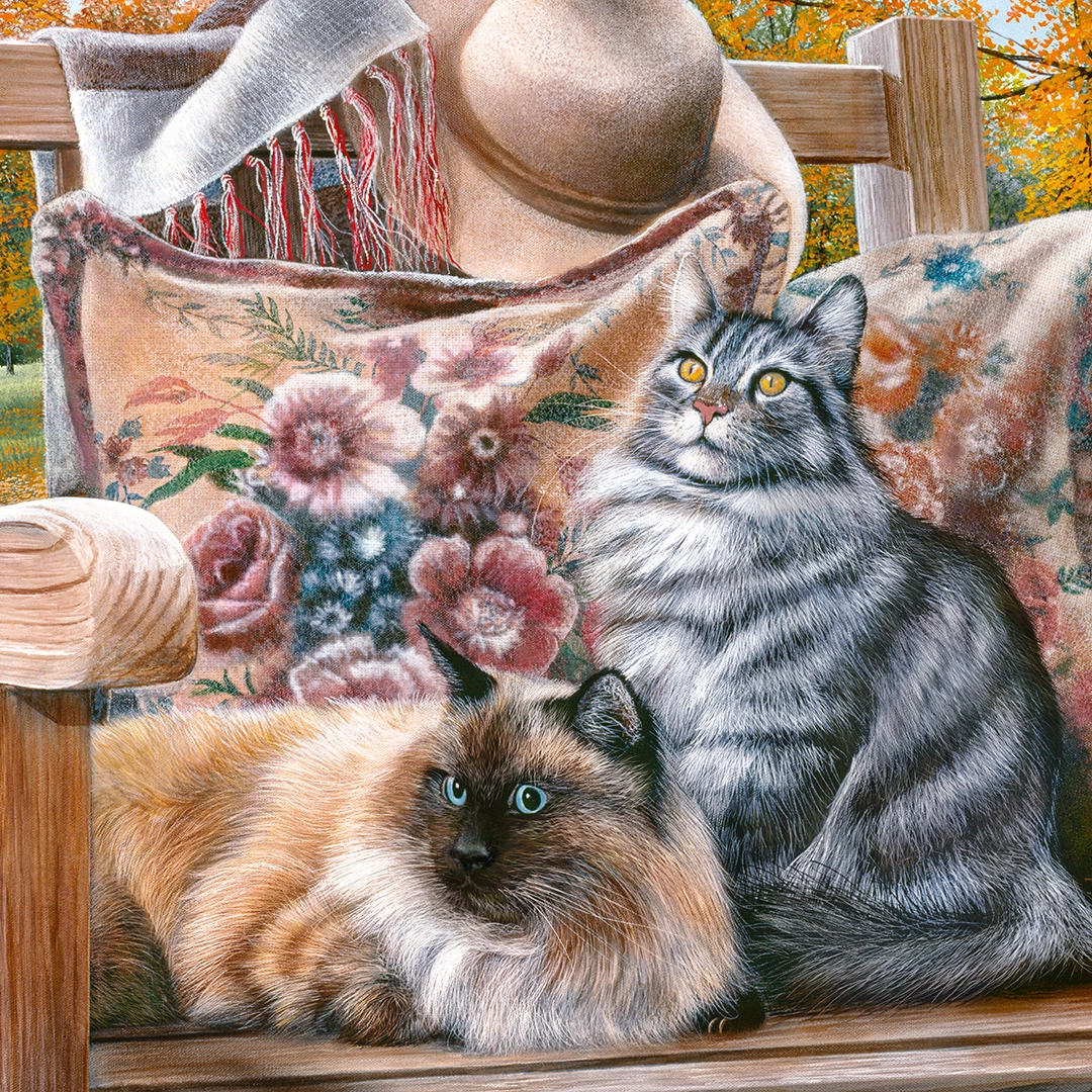 Two cats sitting on a bench big picture