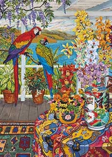 Two red parrots sitting on a veranda full of flowers