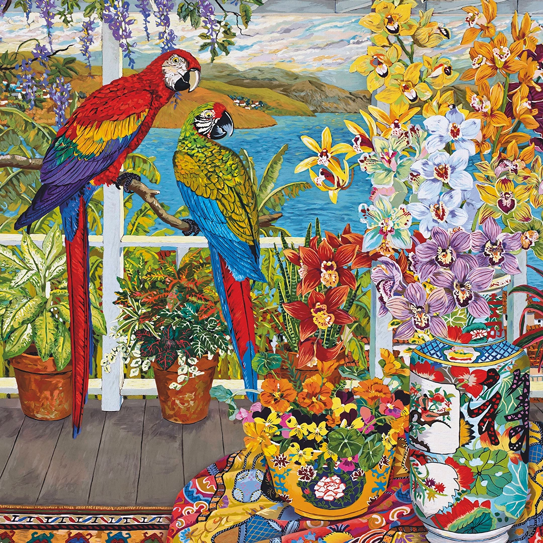 Two red parrots sitting on a veranda full of flowers big picture