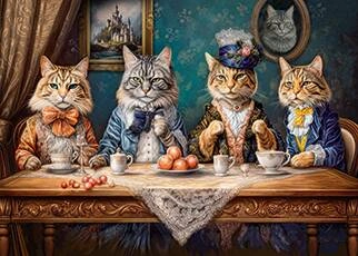 painting of a 4 aristocrat cats having a tea by an elegant table