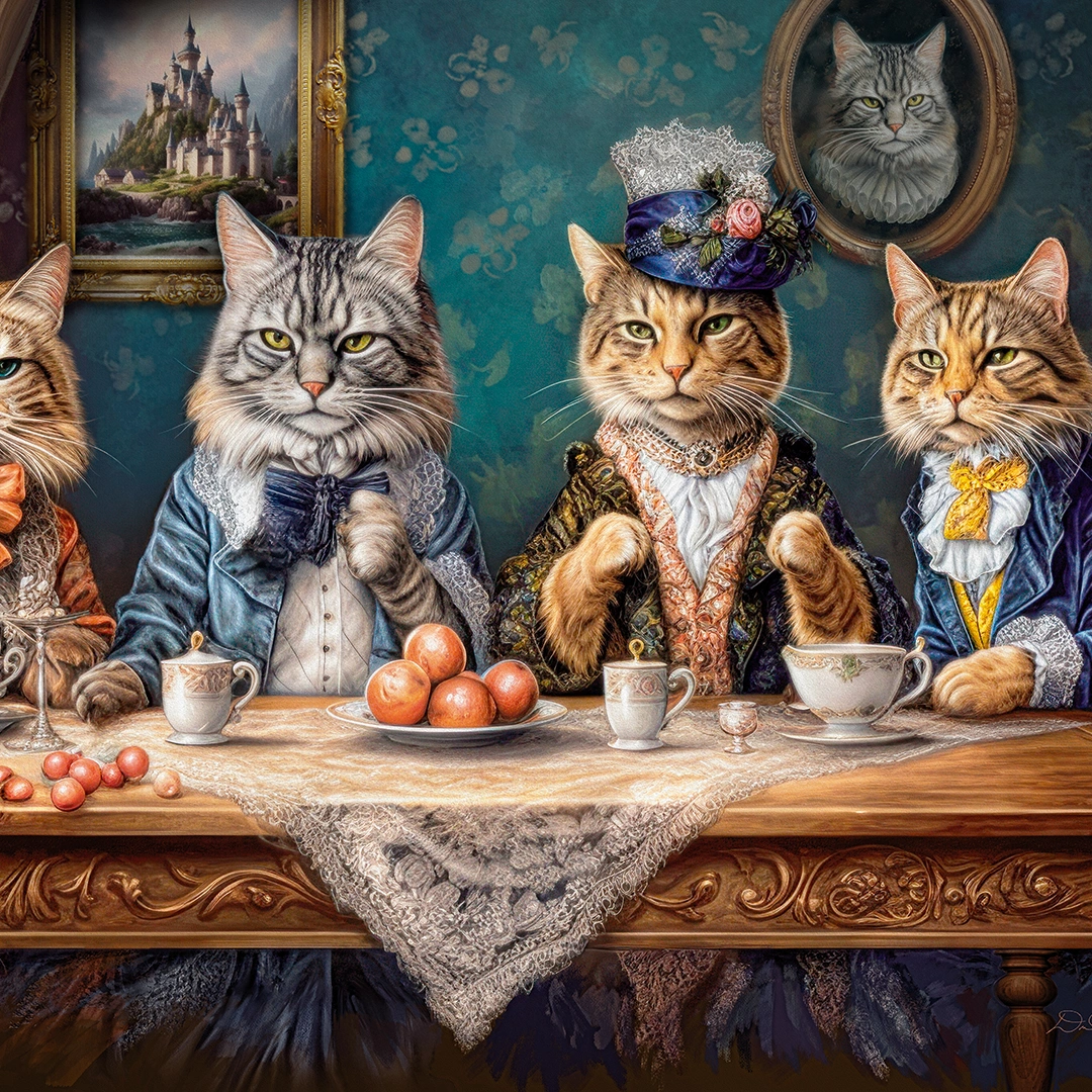 painting of a 4 aristocrat cats having a tea by an elegant table big picture