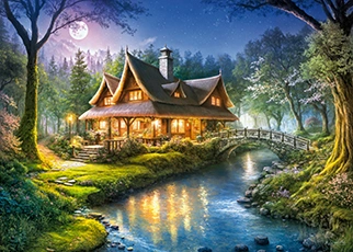 Painting of an enchanting cottage in a magical forest by the stream