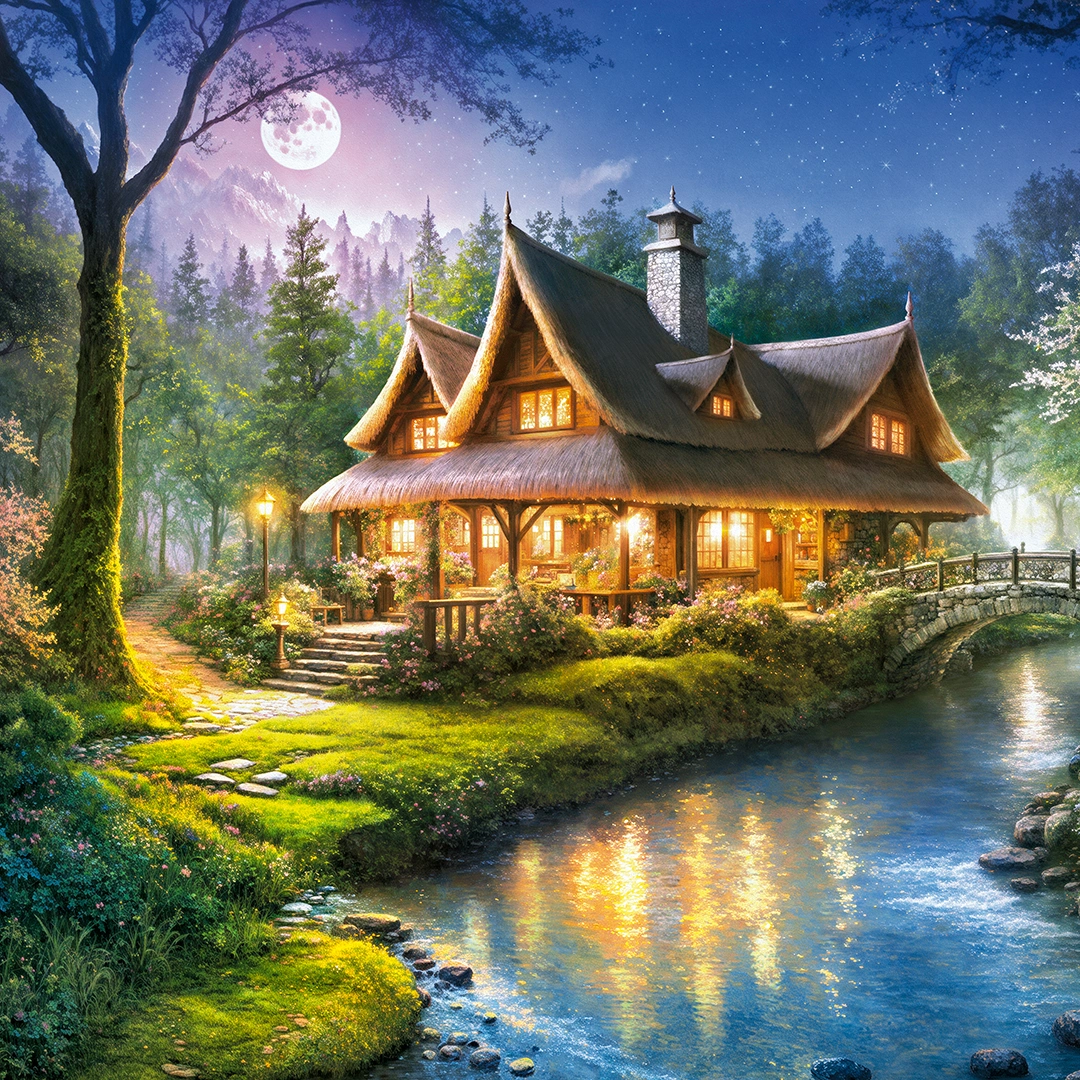 Painting of an enchanting cottage in a magical forest by the stream big picture
