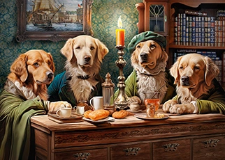 Painting of a 4 dogs sitting against the table, dressed like a characters from medieval times