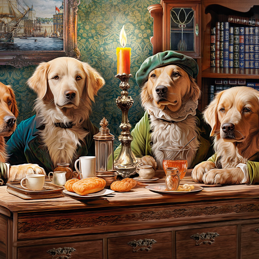 Painting of a 4 dogs sitting against the table, dressed like a characters from medieval times big picture
